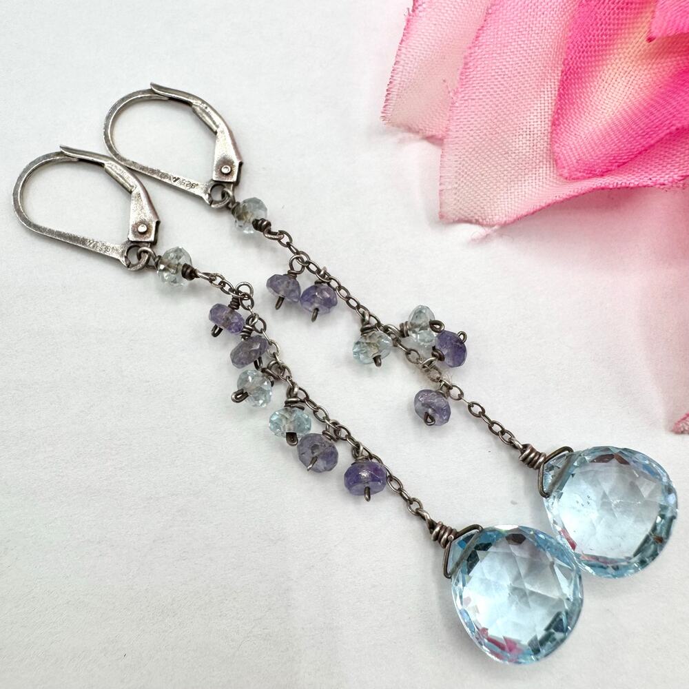 Topaz Briolette Earrings 925 Sterling Silver Crystal Cha Cha Cascade Long